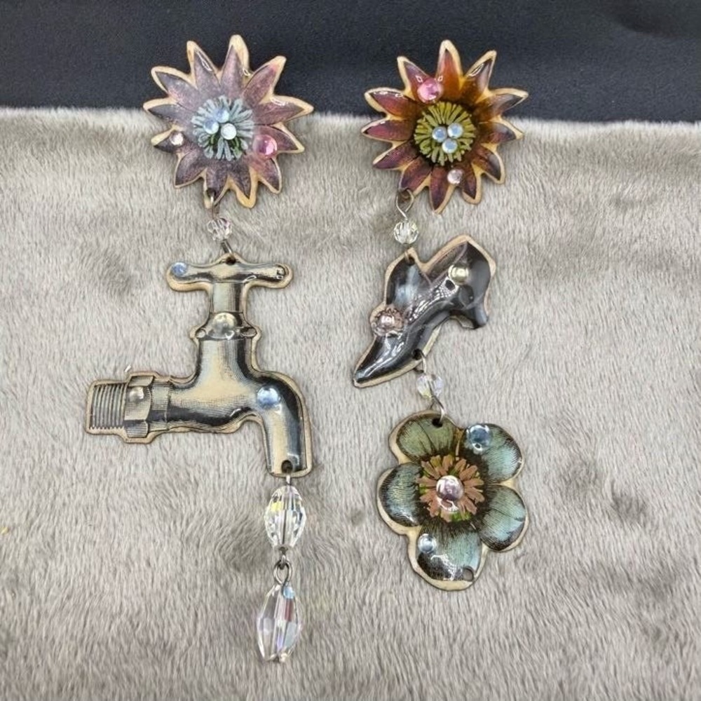 Vintage Signed Artisan Earring Copper Whimsical Miss Matched  Eclectic